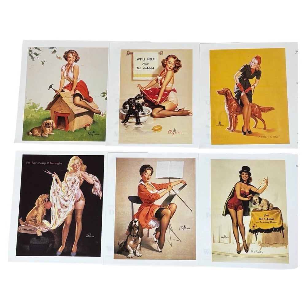Gil Elvgren Pin Up Calendar Prints Set of 6 Vintage Style Dogs Frame Art